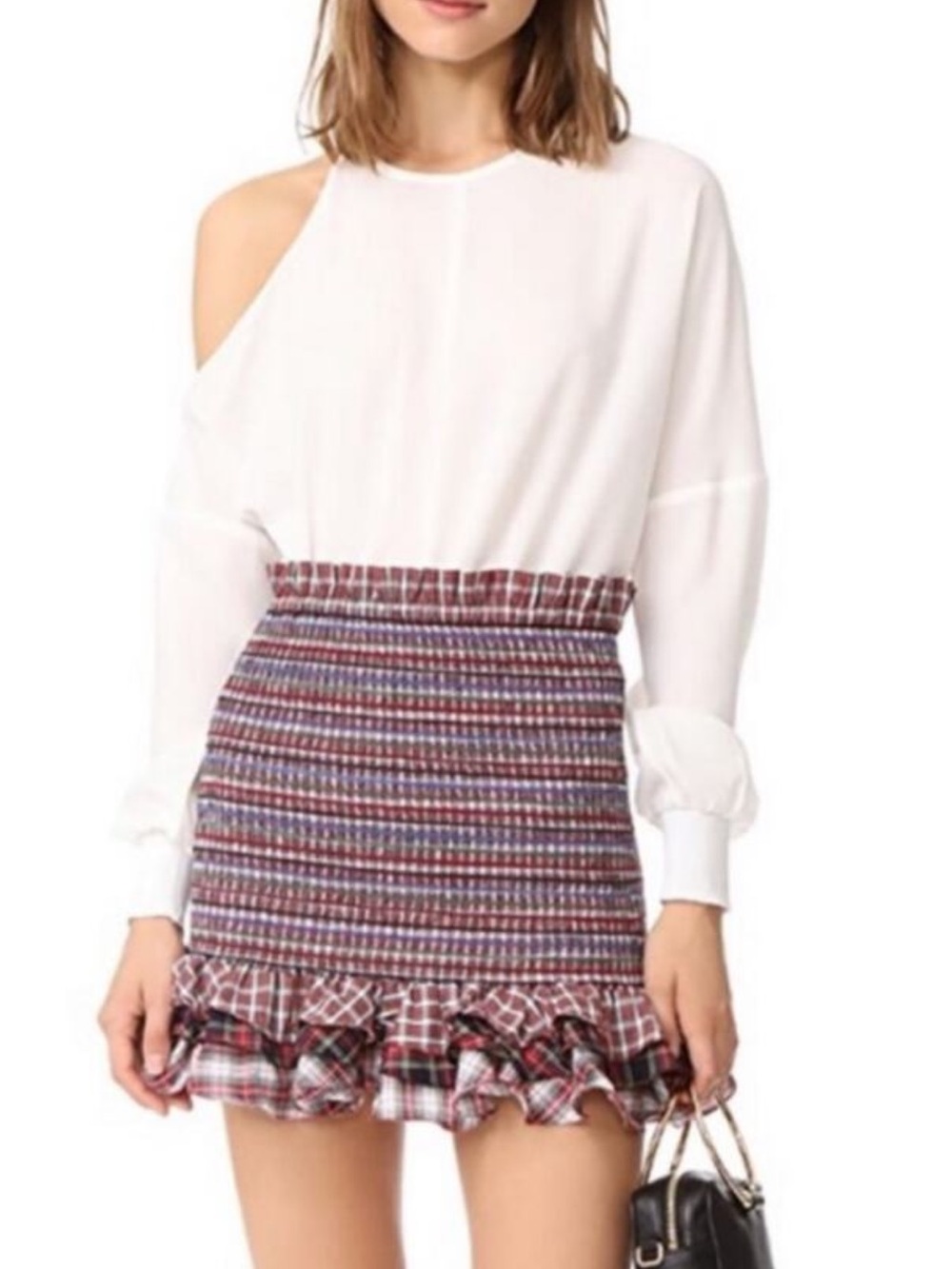 Petersyn Women's Plaid Barrett Ruffle Hem Mini Skirt - White/Red Plaid Sz M